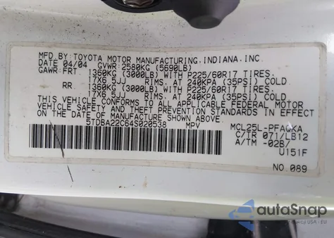 2004 Toyota Sienna Xle z USA, uszkodzony, nr VIN 5TDBA22C64S020538